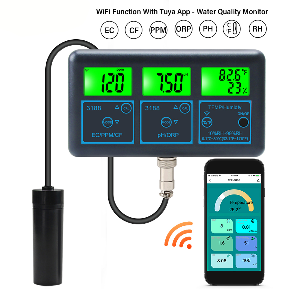 Marine Aquarium Par Meter - Tuya WiFi 7in1 Waterkwaliteitstester Multi-parameter wateranalysator